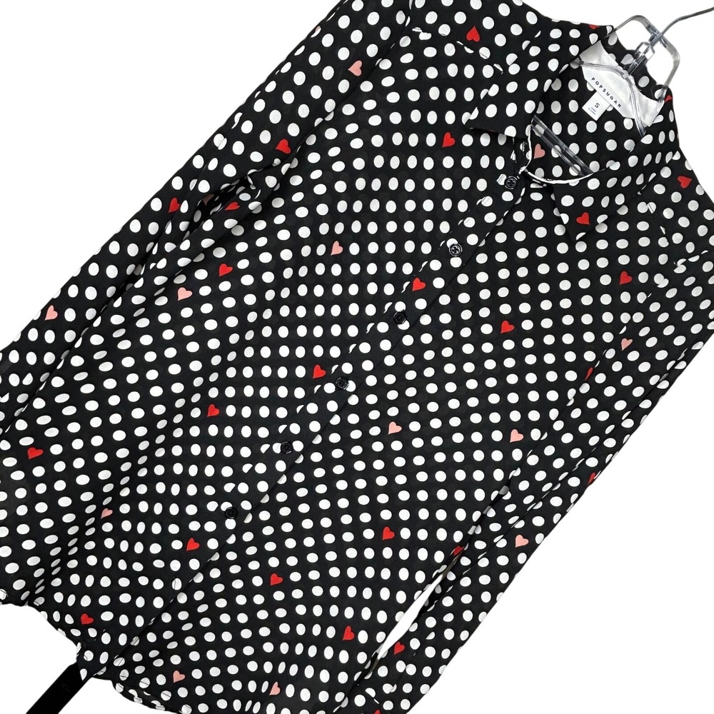 POPSUGAR-SMALL-Polka Dot Heart Print Button Down Long Sleeve Shirt